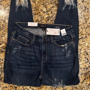 Judy Blue Women's Mid Rise Dark Blue Distressed Skinny Jeans